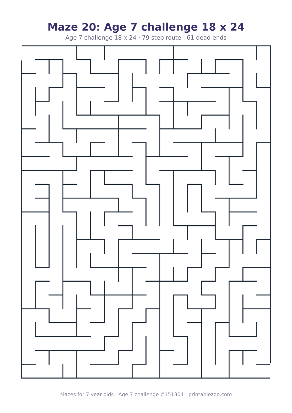 Printable maze for 7 year olds, age 7 challenge level, a 18 by 24 grid with 61 dead ends, puzzle 151304