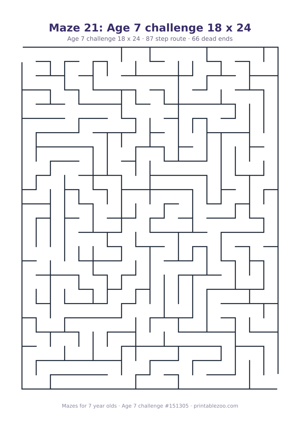 Printable maze for 7 year olds, age 7 challenge level, a 18 by 24 grid with 66 dead ends, puzzle 151305