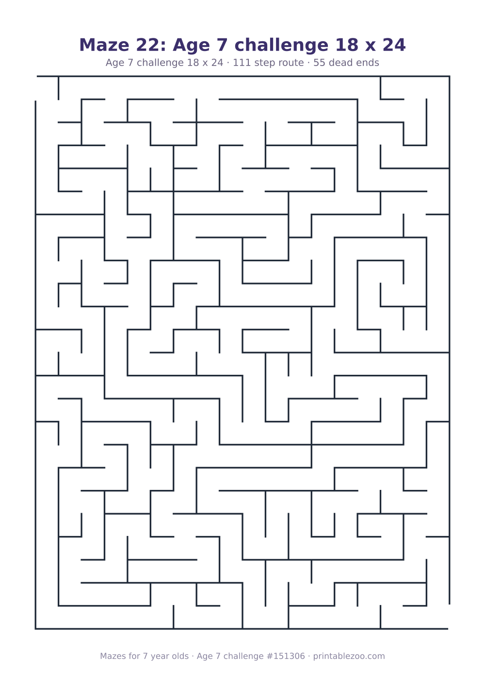 Printable maze for 7 year olds, age 7 challenge level, a 18 by 24 grid with 55 dead ends, puzzle 151306