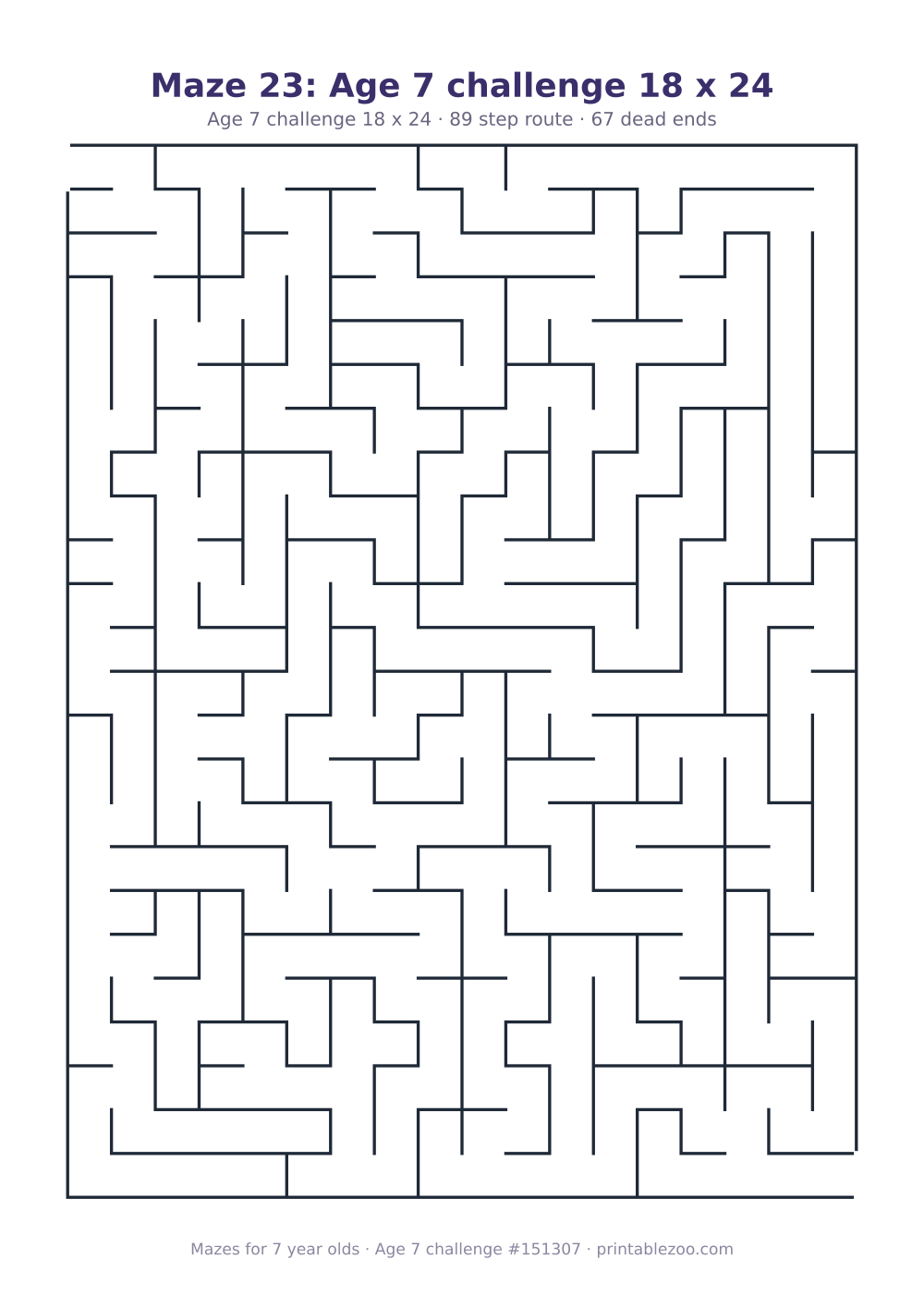 Printable maze for 7 year olds, age 7 challenge level, a 18 by 24 grid with 67 dead ends, puzzle 151307