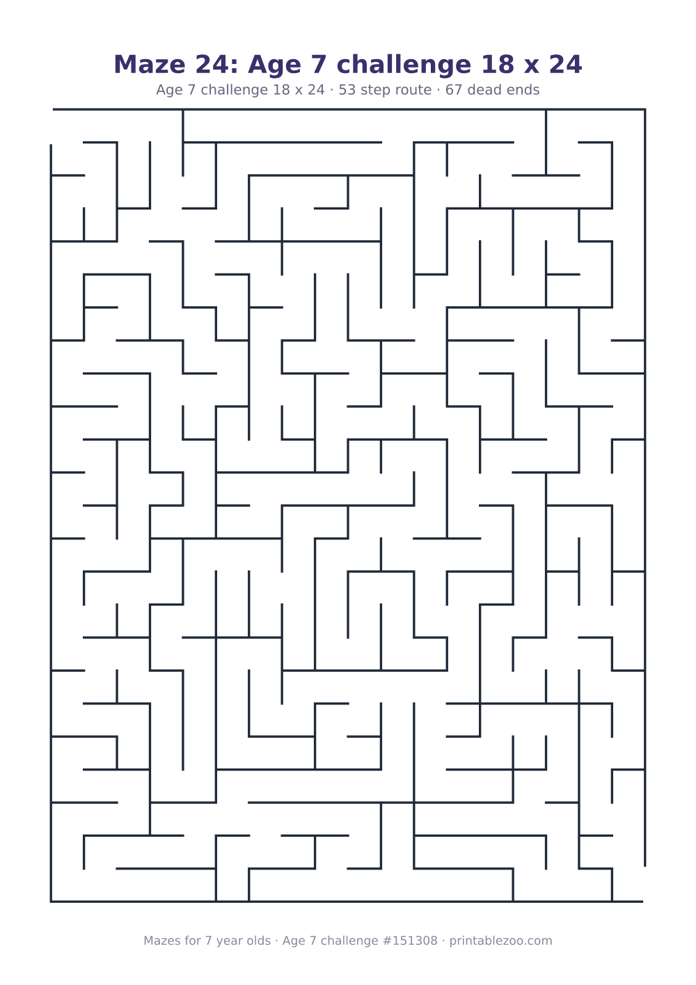 Printable maze for 7 year olds, age 7 challenge level, a 18 by 24 grid with 67 dead ends, puzzle 151308