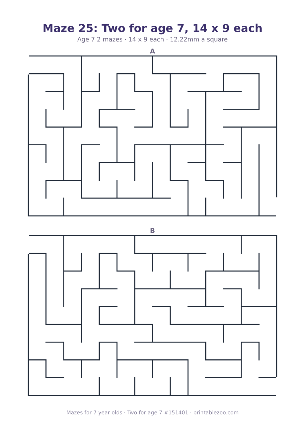Printable sheet of 2 mazes for 7 year olds, 14 by 9 squares each, puzzle 151401