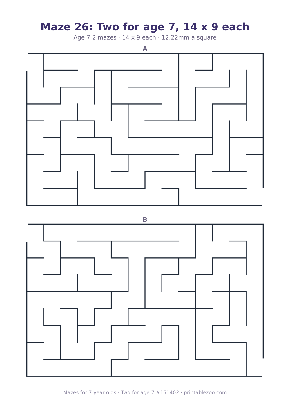 Printable sheet of 2 mazes for 7 year olds, 14 by 9 squares each, puzzle 151402