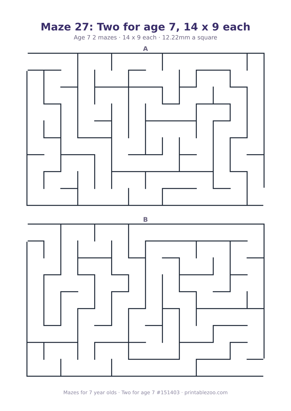 Printable sheet of 2 mazes for 7 year olds, 14 by 9 squares each, puzzle 151403