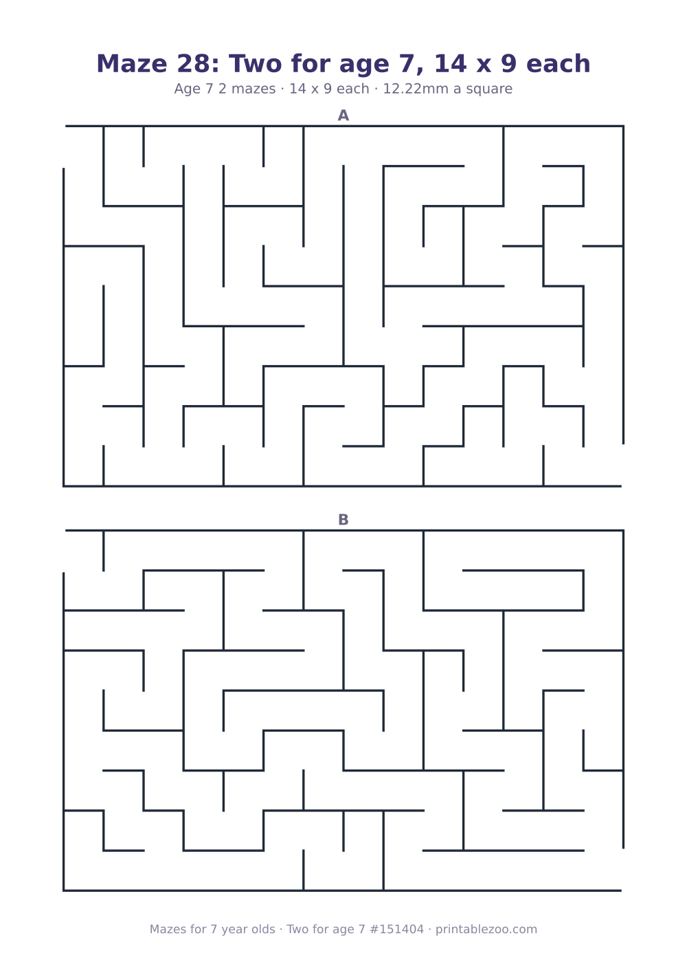 Printable sheet of 2 mazes for 7 year olds, 14 by 9 squares each, puzzle 151404