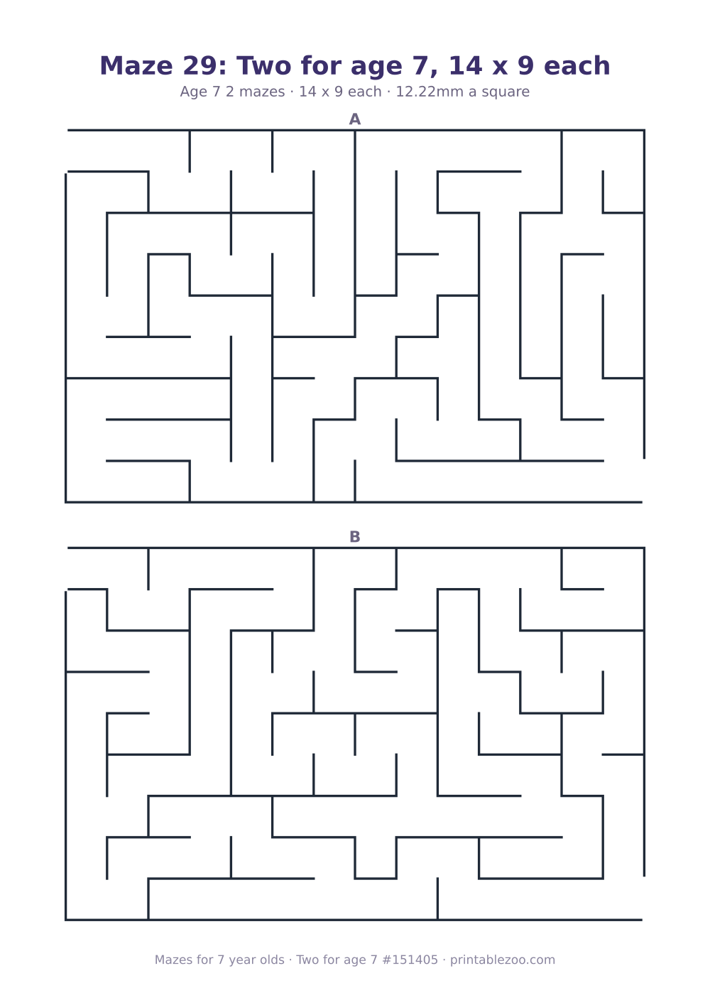 Printable sheet of 2 mazes for 7 year olds, 14 by 9 squares each, puzzle 151405