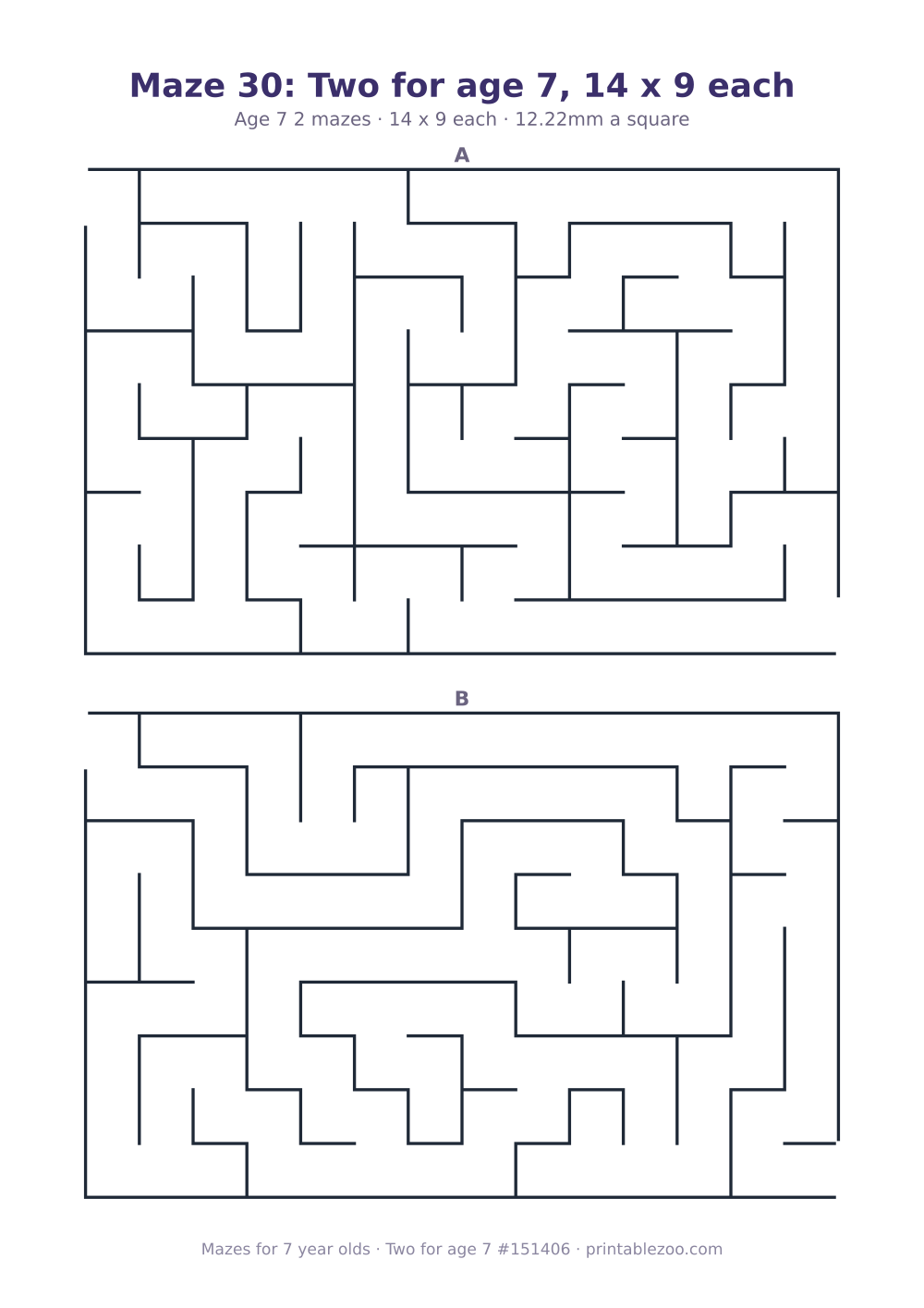 Printable sheet of 2 mazes for 7 year olds, 14 by 9 squares each, puzzle 151406