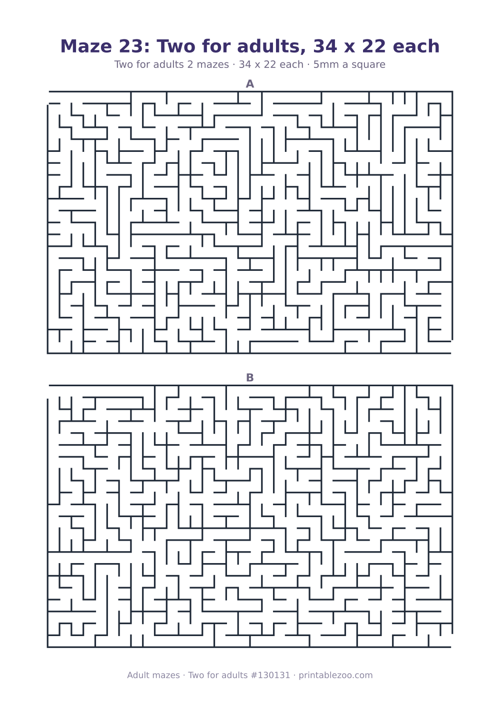 Printable sheet of 2 hard mazes for adults, 34 by 22 squares each and 346 dead ends in all