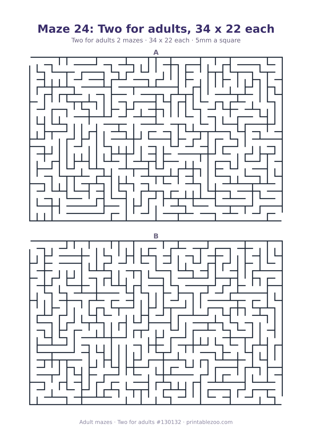 Printable sheet of 2 hard mazes for adults, 34 by 22 squares each and 351 dead ends in all
