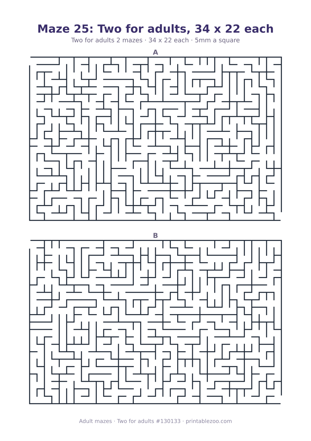 Printable sheet of 2 hard mazes for adults, 34 by 22 squares each and 366 dead ends in all