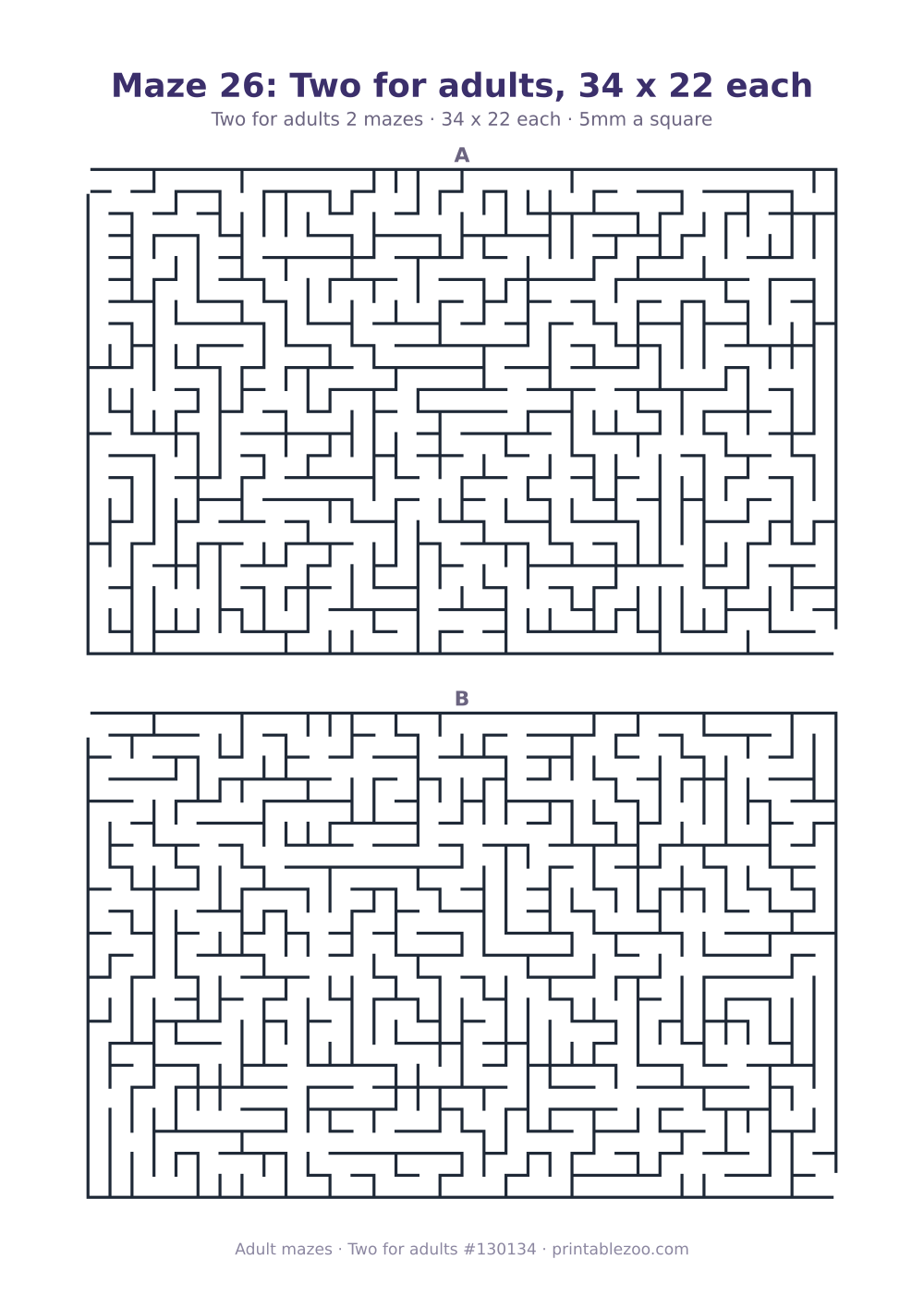 Printable sheet of 2 hard mazes for adults, 34 by 22 squares each and 368 dead ends in all