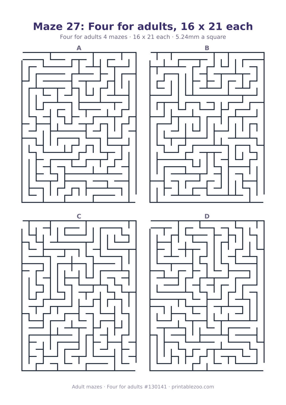 Printable sheet of 4 hard mazes for adults, 16 by 21 squares each and 139 dead ends in all