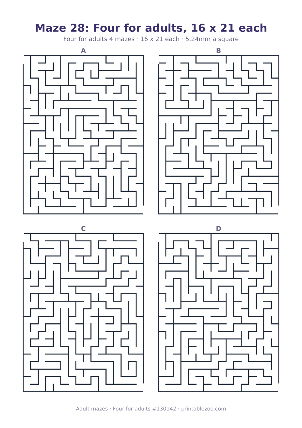 Printable sheet of 4 hard mazes for adults, 16 by 21 squares each and 141 dead ends in all