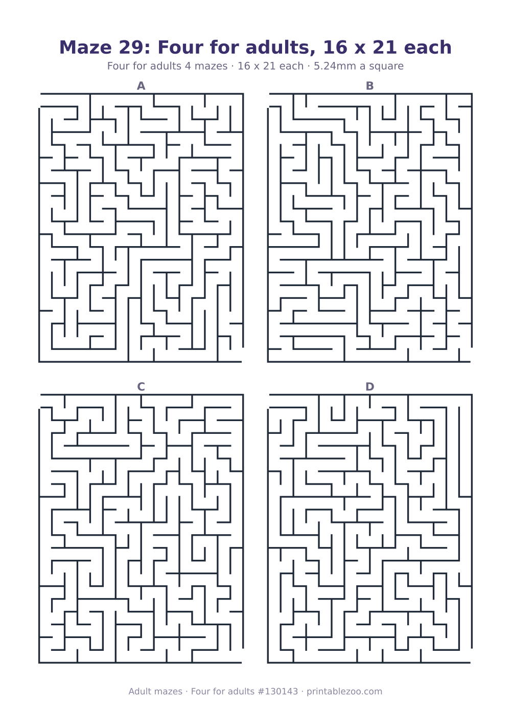 Printable sheet of 4 hard mazes for adults, 16 by 21 squares each and 138 dead ends in all