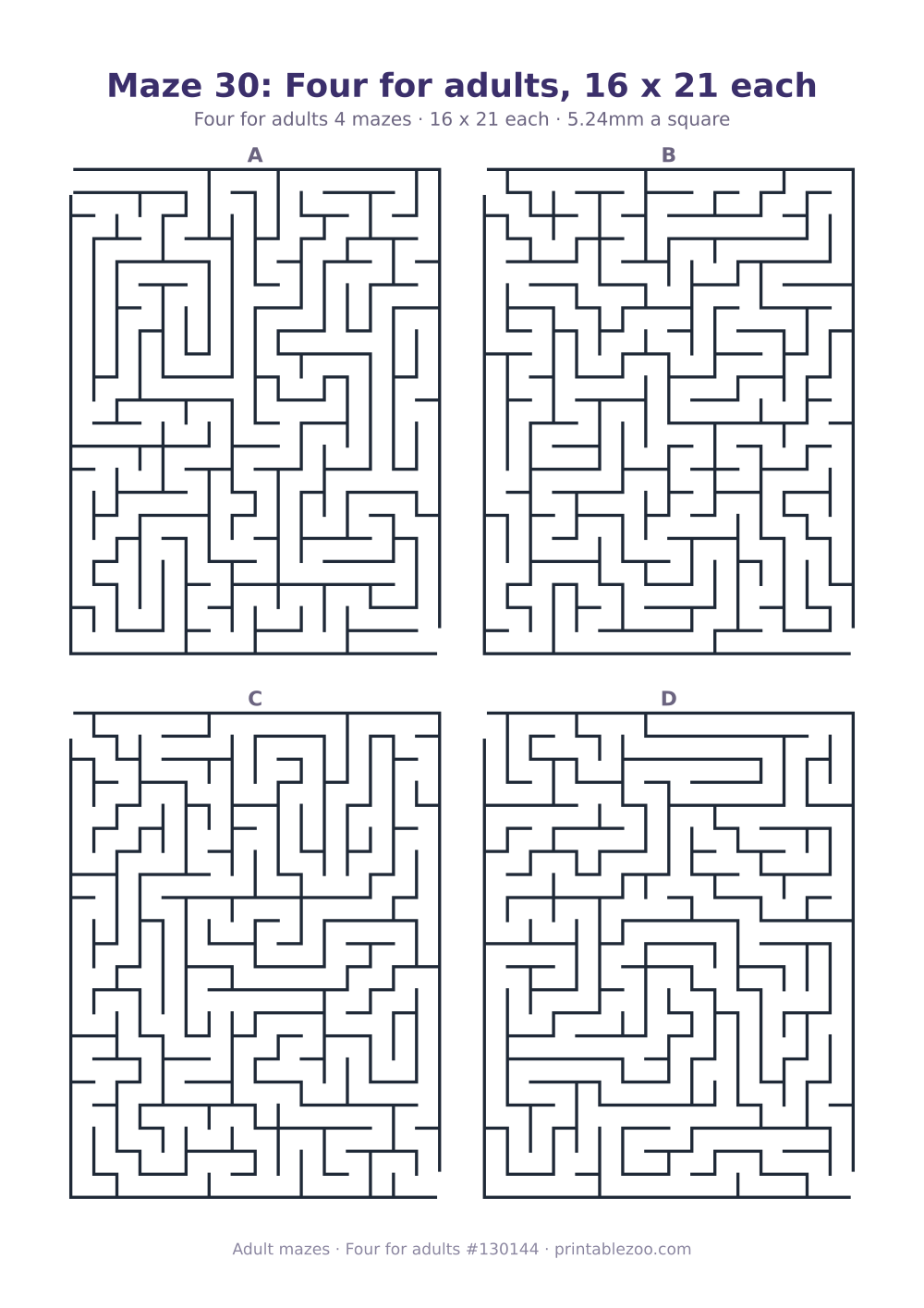 Printable sheet of 4 hard mazes for adults, 16 by 21 squares each and 147 dead ends in all
