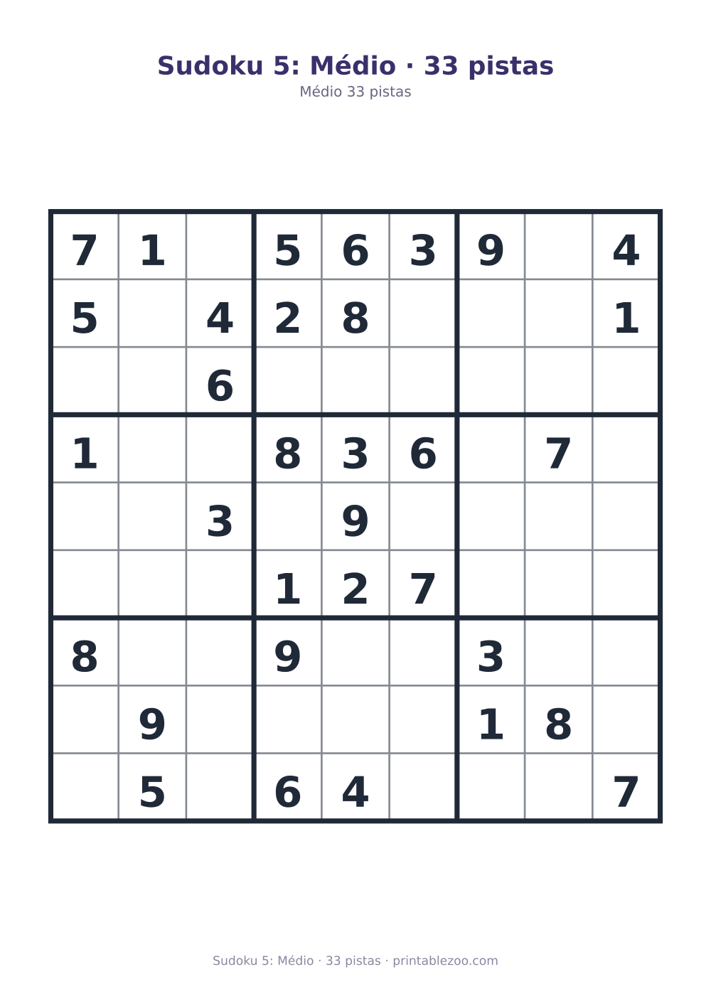 Prévia pronta para imprimir: Sudoku 5: Médio · 33 pistas, catálogo nº 261105