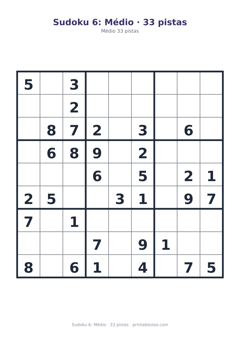 Prévia pronta para imprimir: Sudoku 6: Médio · 33 pistas, catálogo nº 261106