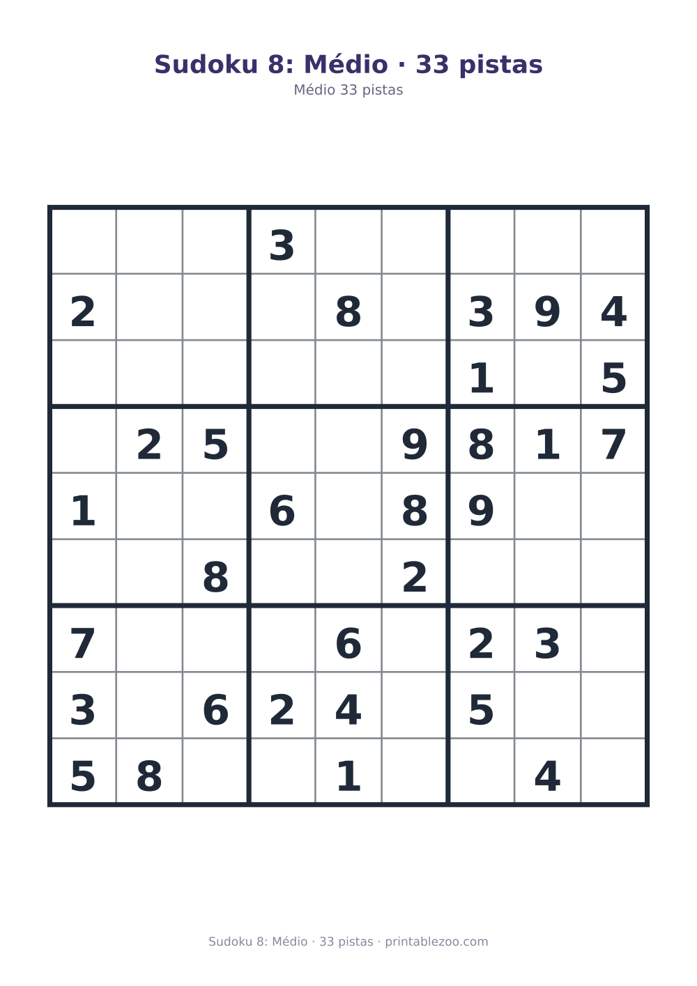 Prévia pronta para imprimir: Sudoku 8: Médio · 33 pistas, catálogo nº 261108