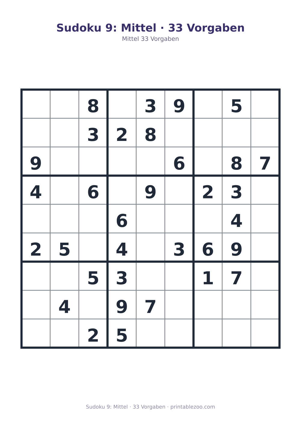 Sudoku 9: Mittel · 33 Vorgaben als druckfertige Vorschau, Katalognummer 261109