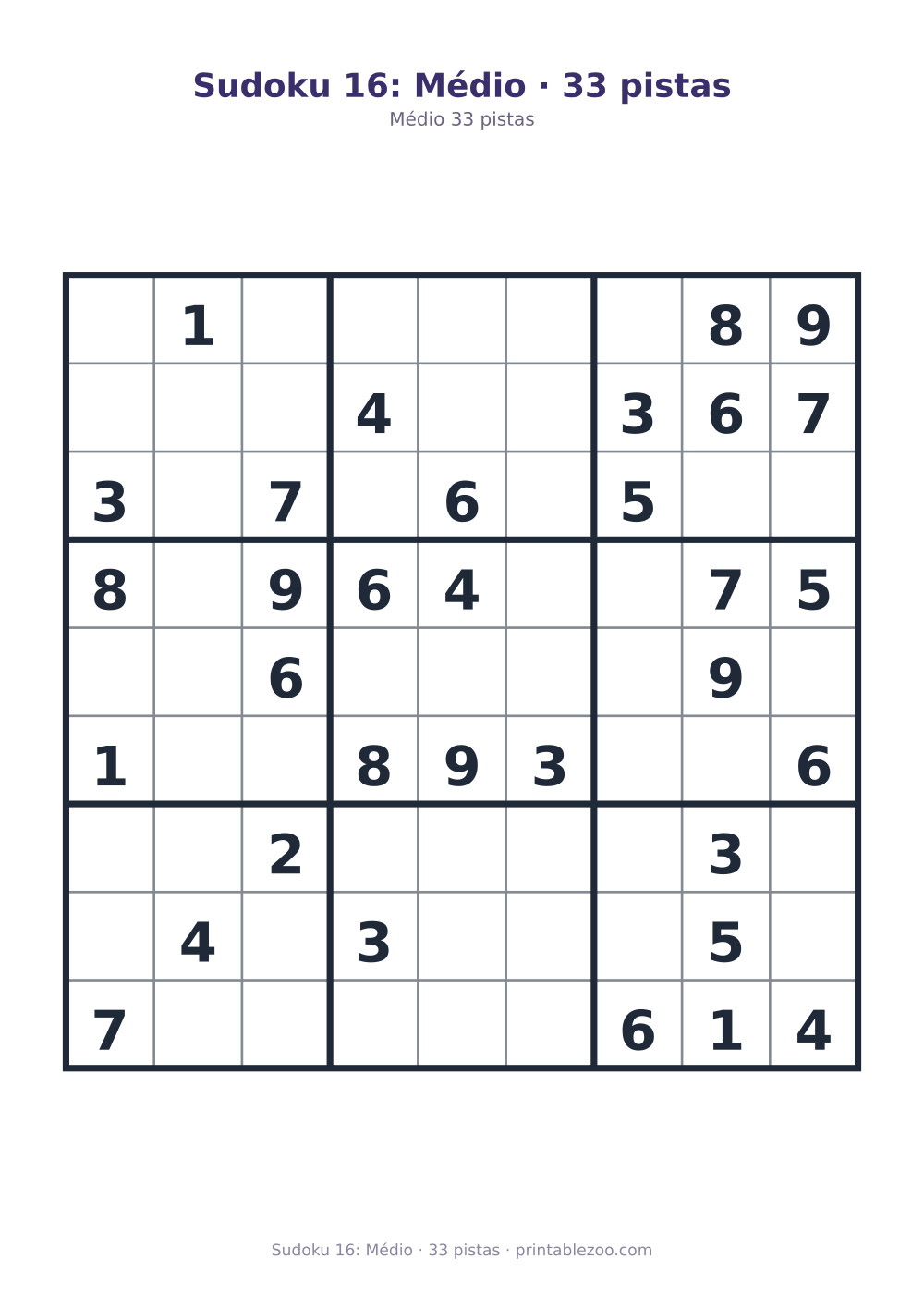 Prévia pronta para imprimir: Sudoku 16: Médio · 33 pistas, catálogo nº 261116