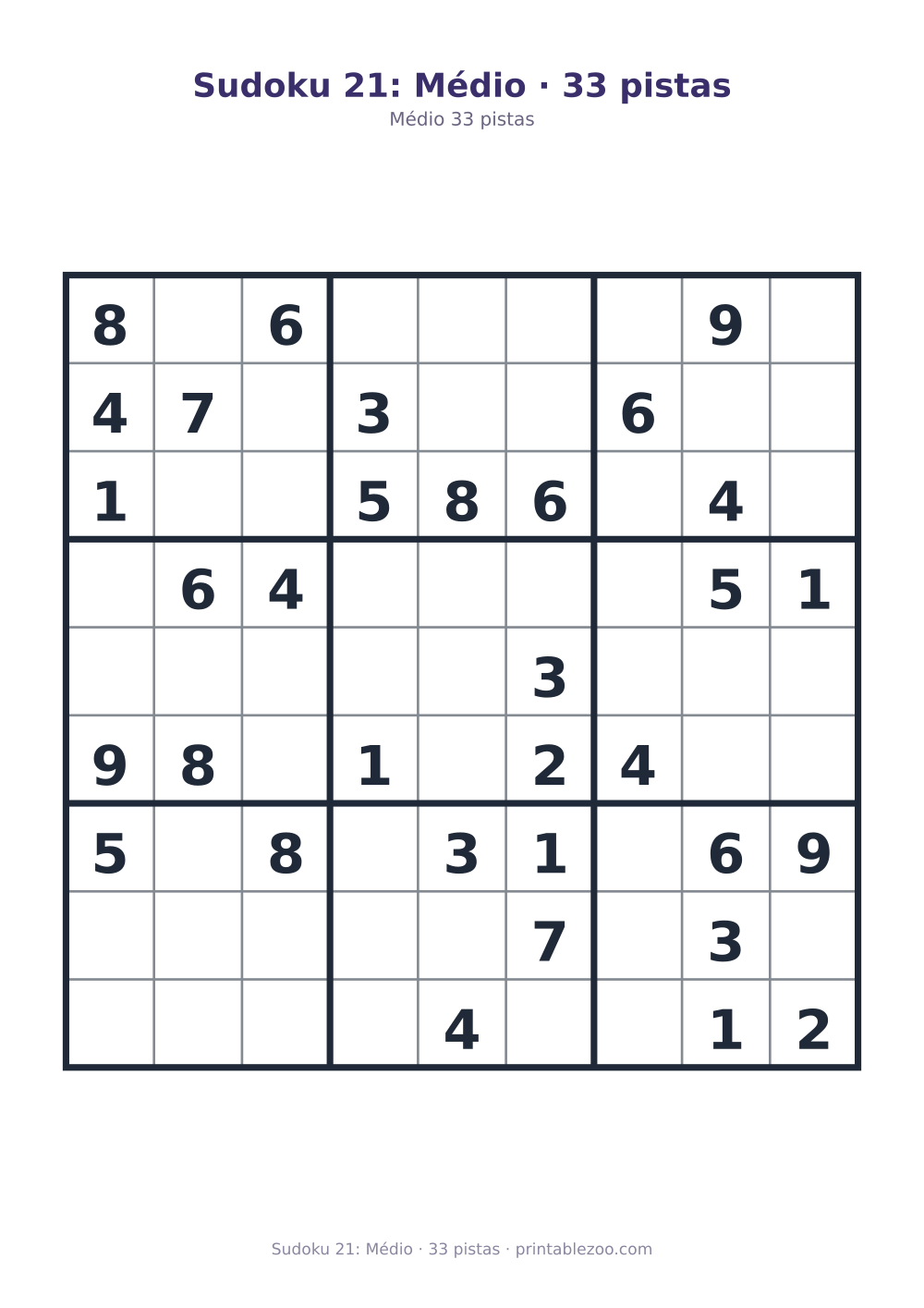 Prévia pronta para imprimir: Sudoku 21: Médio · 33 pistas, catálogo nº 261121
