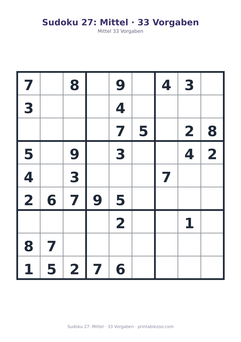 Sudoku 27: Mittel · 33 Vorgaben als druckfertige Vorschau, Katalognummer 261127
