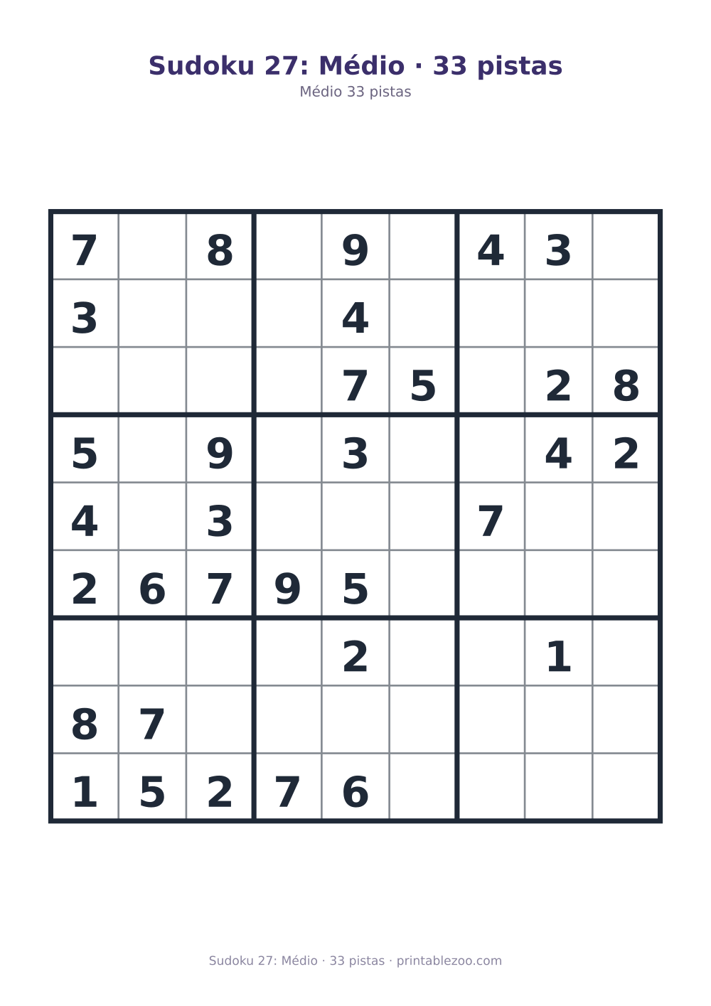 Prévia pronta para imprimir: Sudoku 27: Médio · 33 pistas, catálogo nº 261127