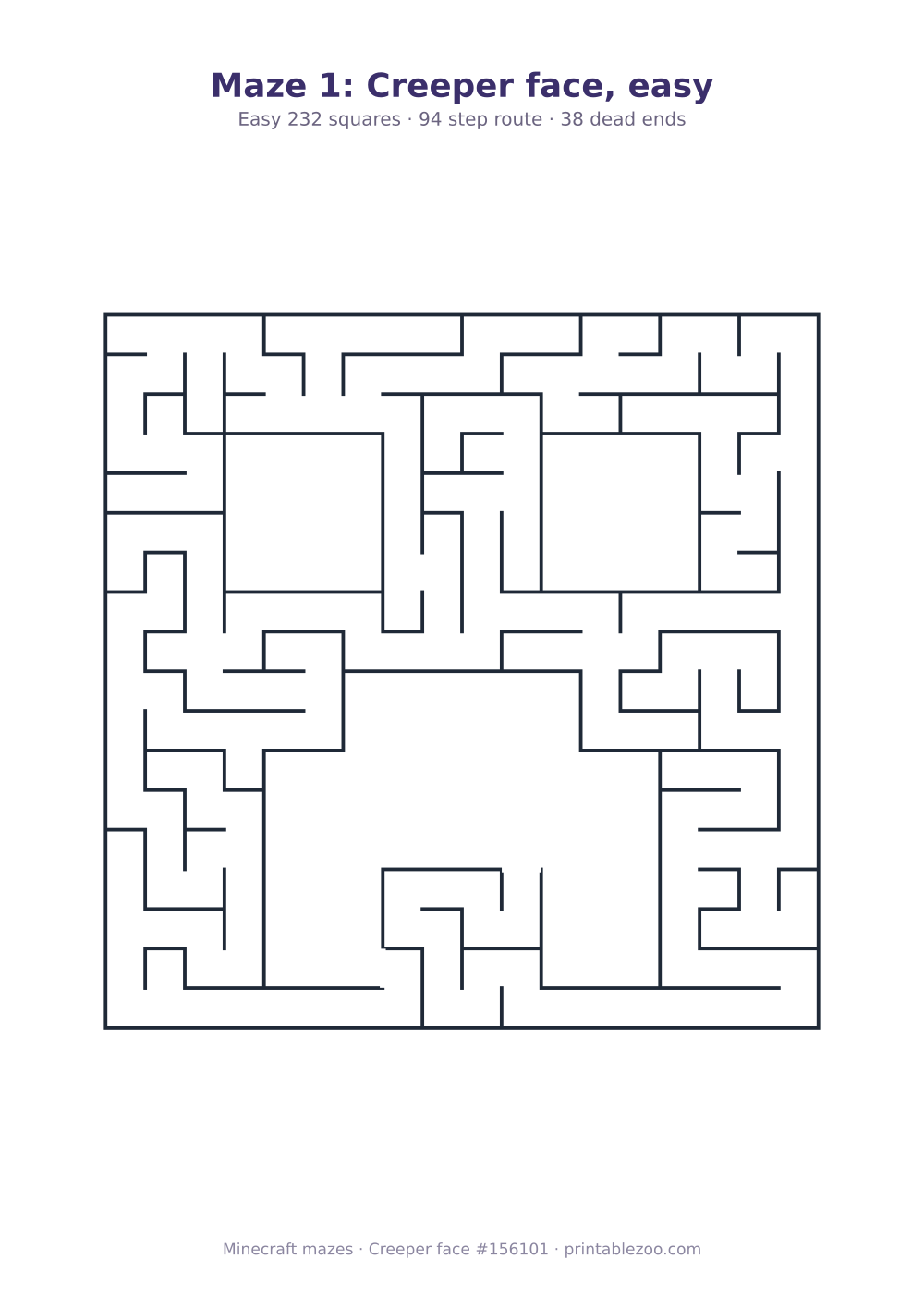 Printable creeper face shaped maze, 232 squares and 38 dead ends, puzzle 156101
