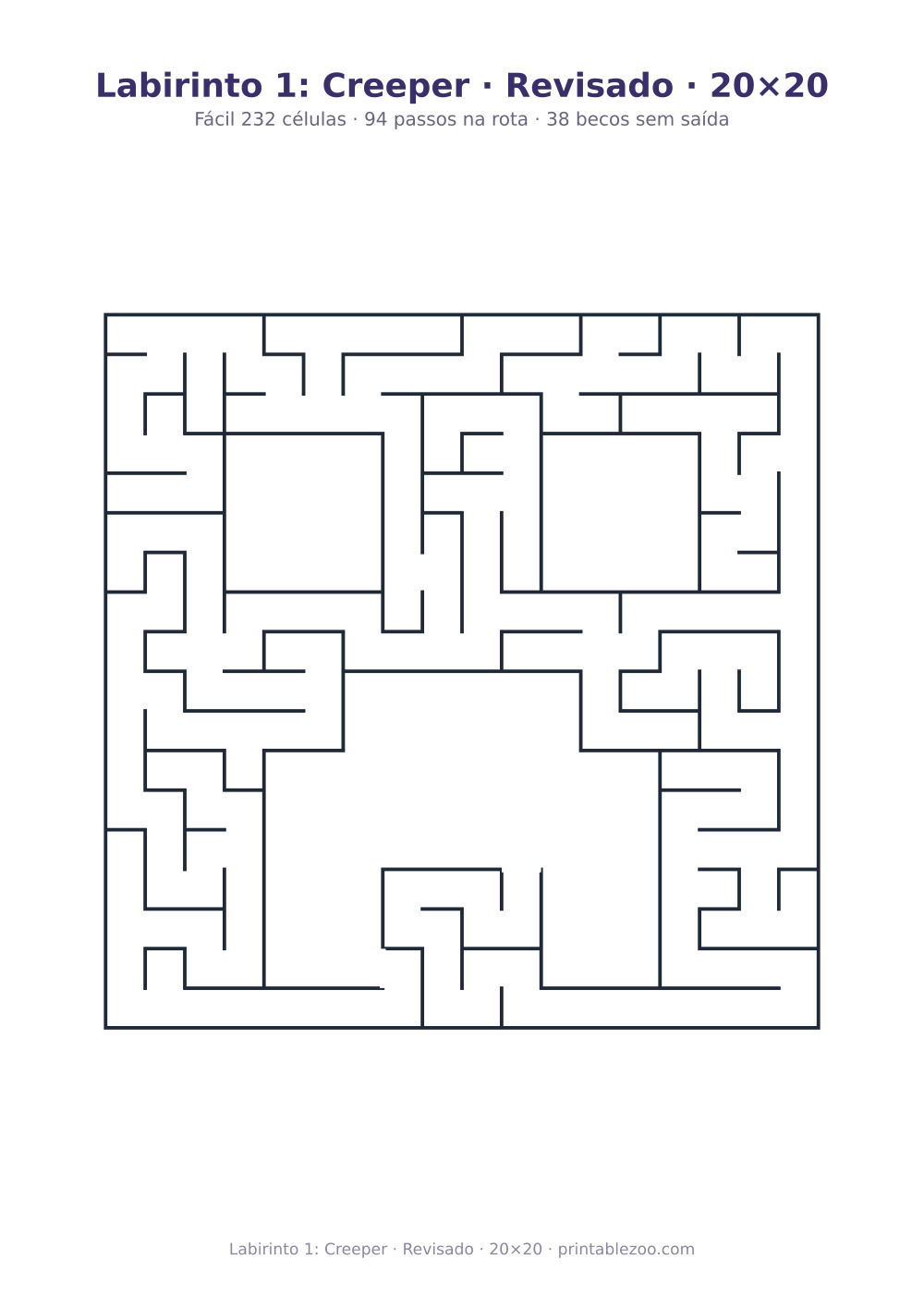 Prévia pronta para imprimir: Labirinto 1: Creeper · Revisado · 20×20, catálogo nº 156101