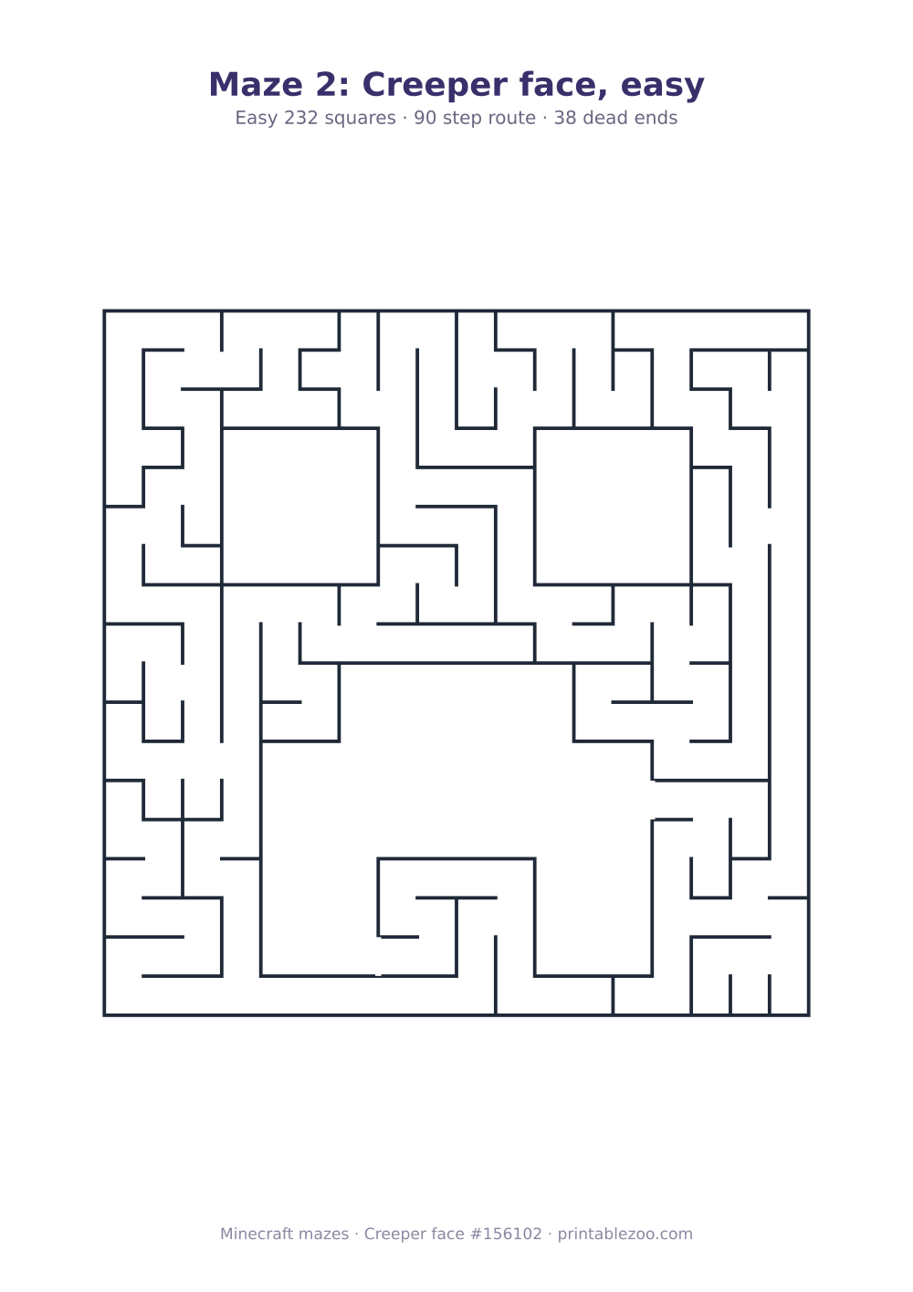 Printable creeper face shaped maze, 232 squares and 38 dead ends, puzzle 156102