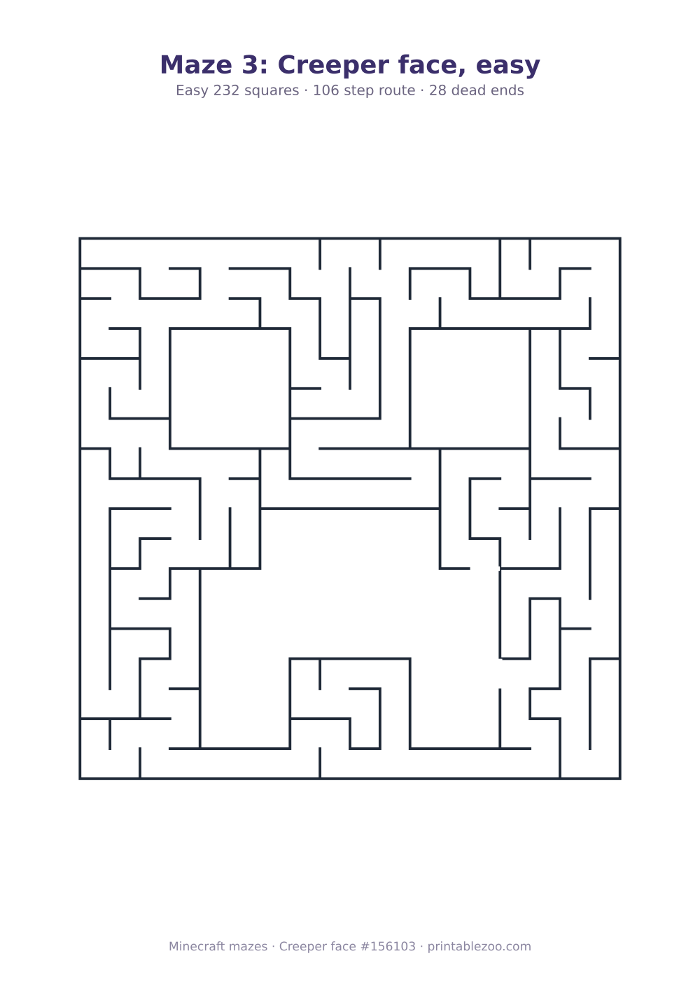 Printable creeper face shaped maze, 232 squares and 28 dead ends, puzzle 156103