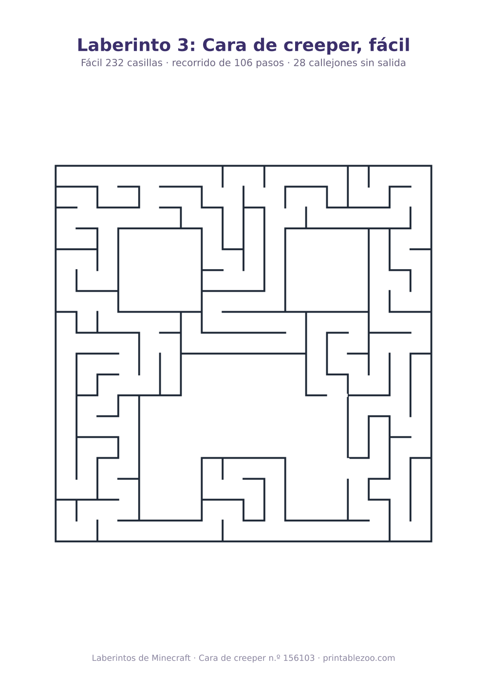 Laberinto para imprimir con forma de cara de creeper, 232 casillas y 28 callejones sin salida, pasatiempo 156103