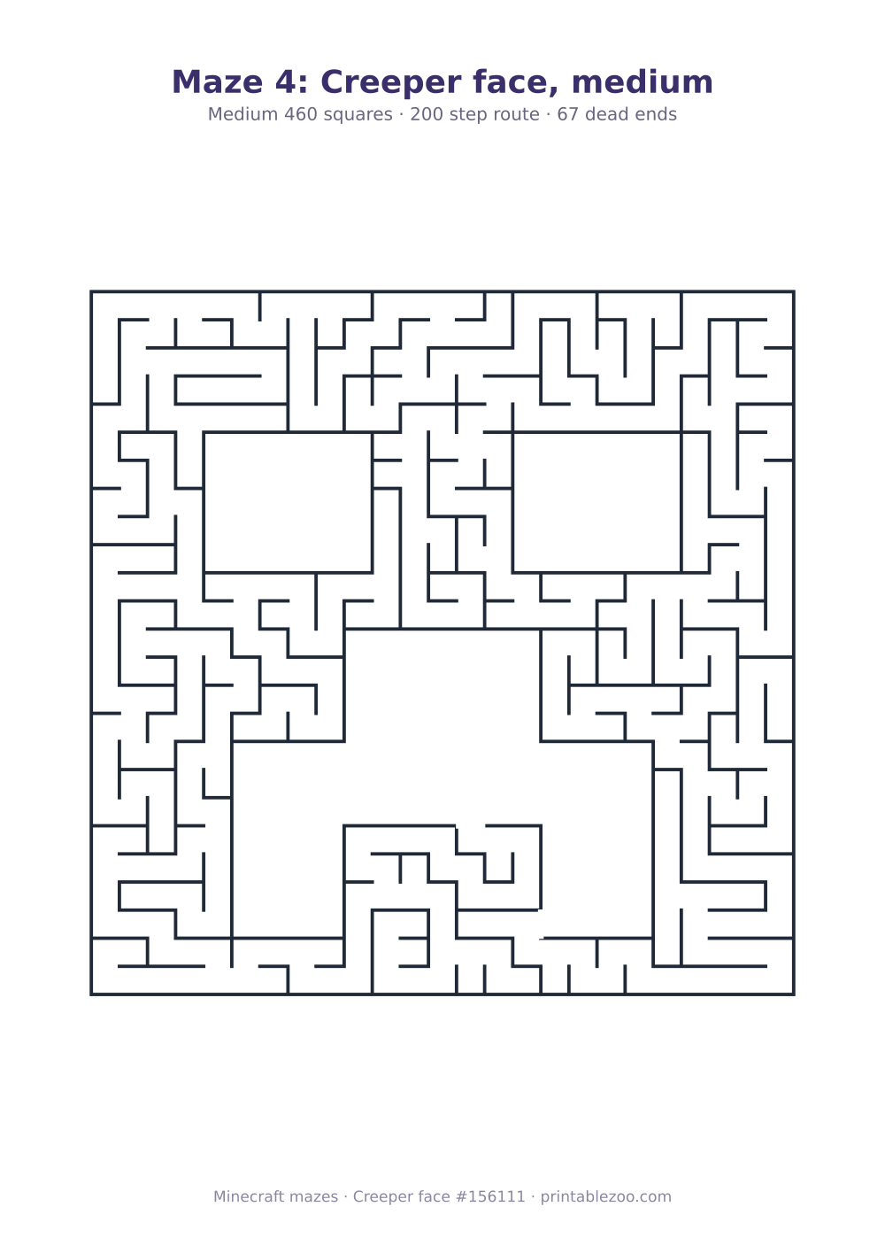 Printable creeper face shaped maze, 460 squares and 67 dead ends, puzzle 156111