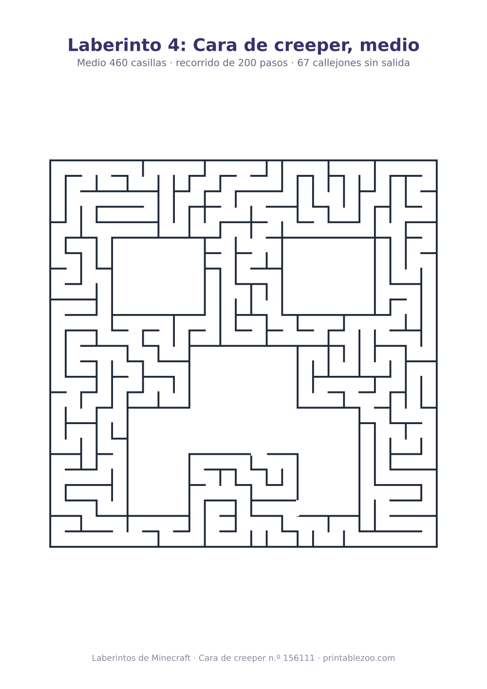 Laberinto para imprimir con forma de cara de creeper, 460 casillas y 67 callejones sin salida, pasatiempo 156111