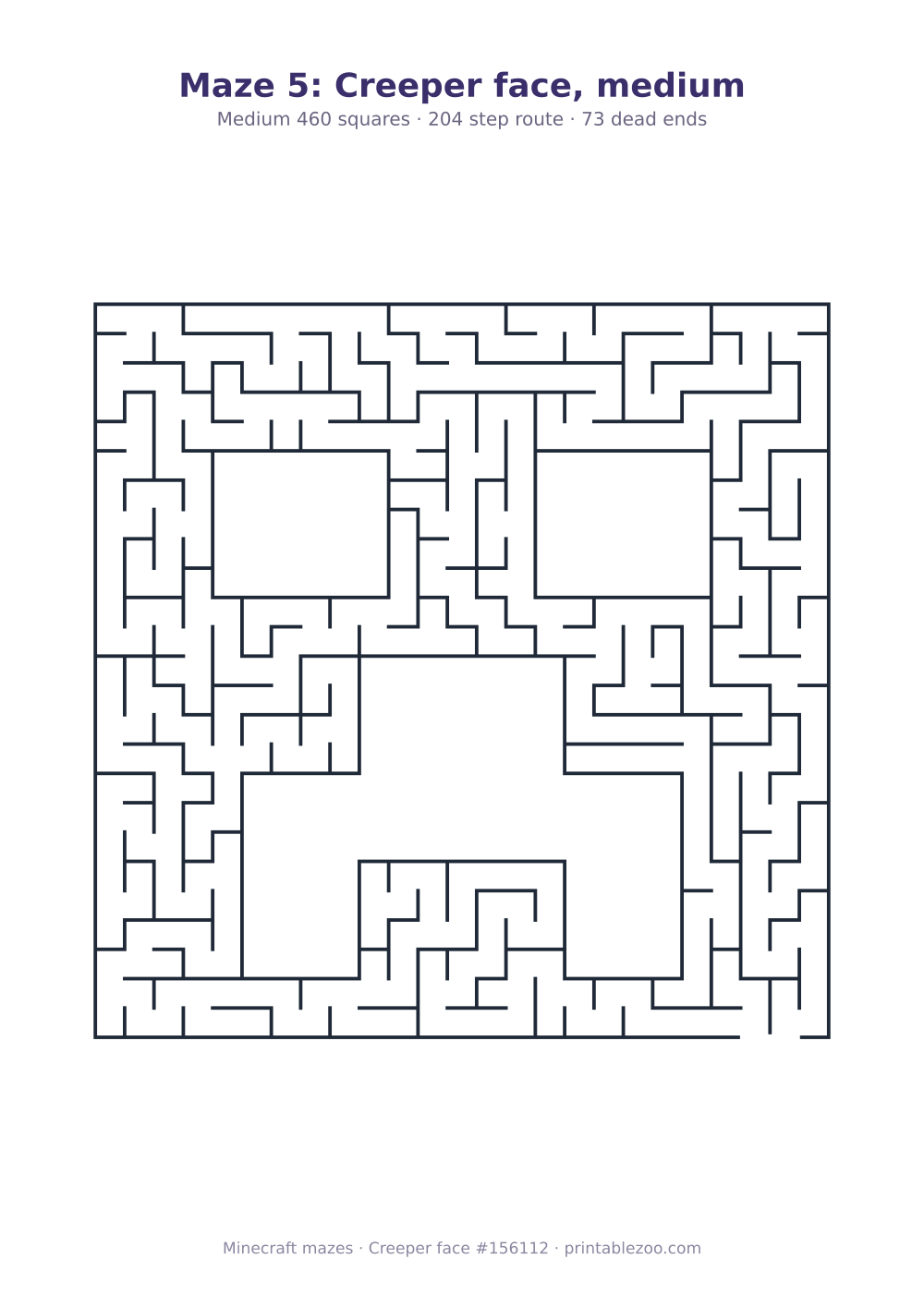 Printable creeper face shaped maze, 460 squares and 73 dead ends, puzzle 156112