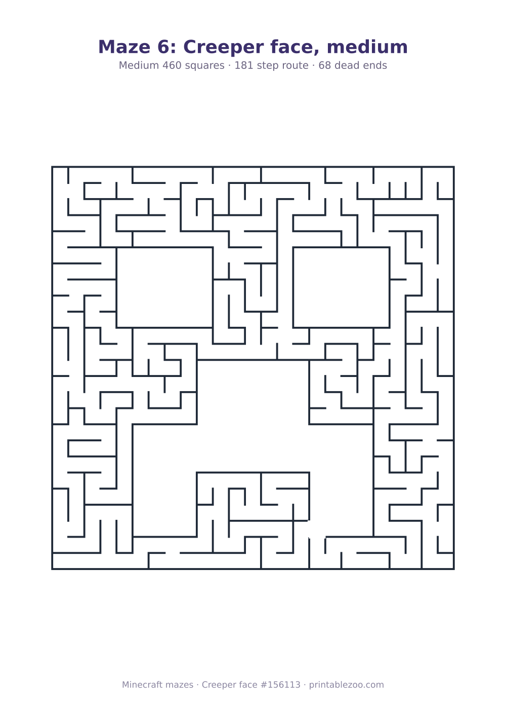 Printable creeper face shaped maze, 460 squares and 68 dead ends, puzzle 156113
