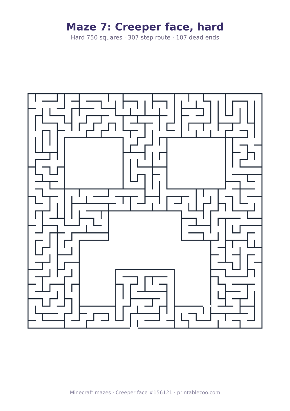 Printable creeper face shaped maze, 750 squares and 107 dead ends, puzzle 156121