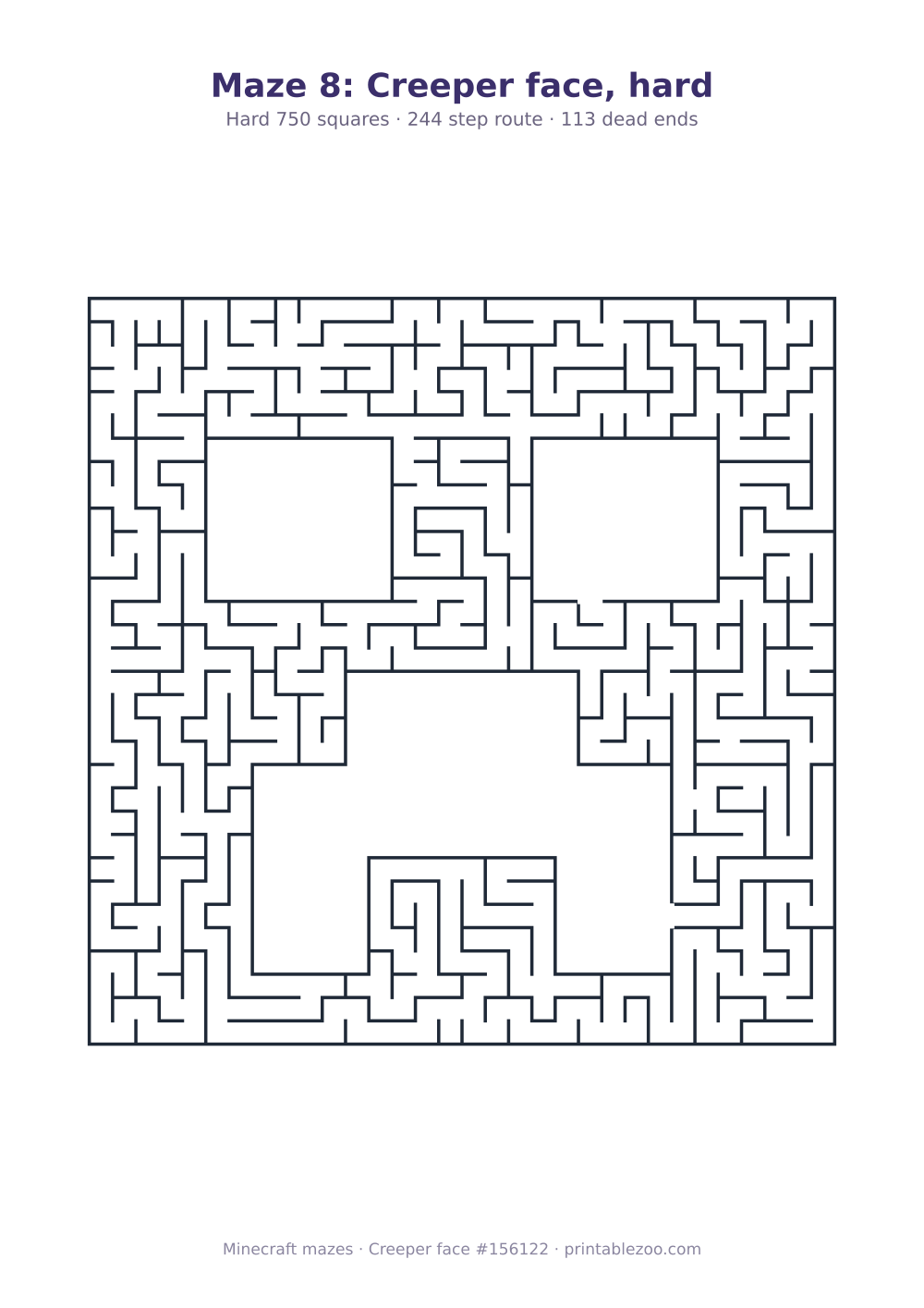 Printable creeper face shaped maze, 750 squares and 113 dead ends, puzzle 156122