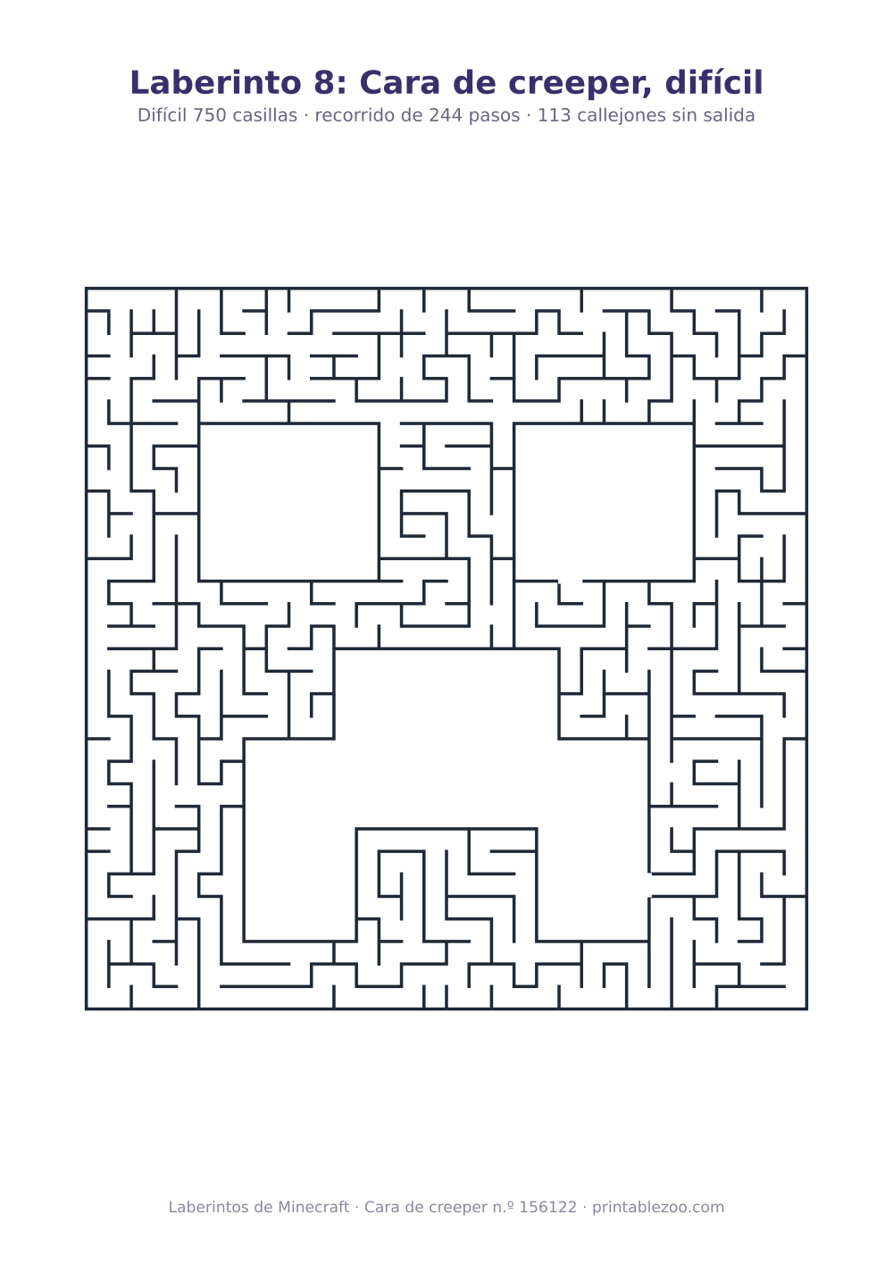 Laberinto para imprimir con forma de cara de creeper, 750 casillas y 113 callejones sin salida, pasatiempo 156122