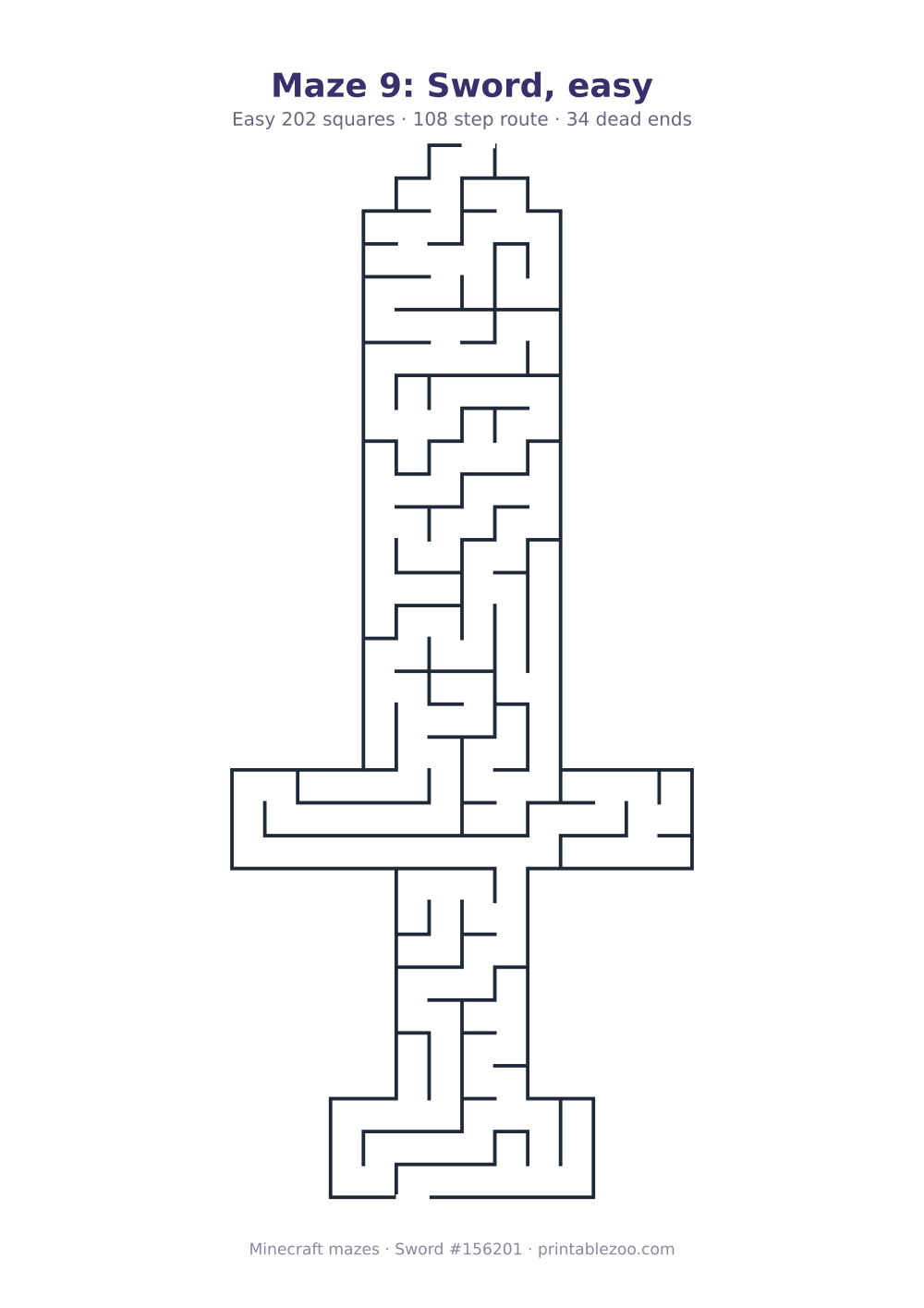 Printable sword shaped maze, 202 squares and 34 dead ends, puzzle 156201