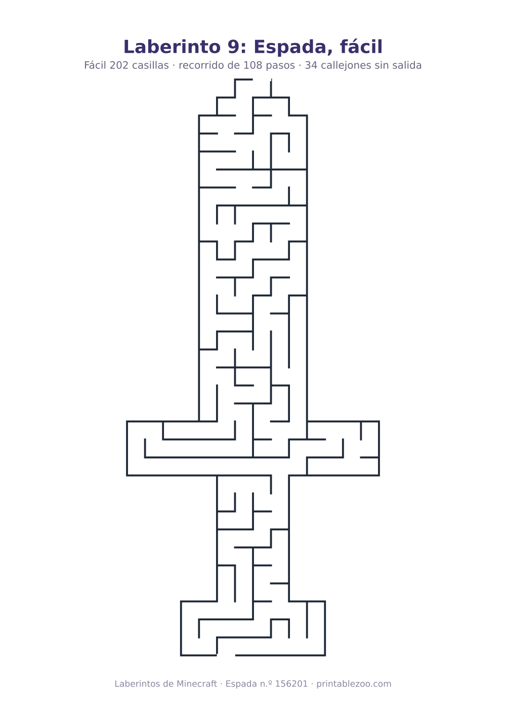 Laberinto para imprimir con forma de espada, 202 casillas y 34 callejones sin salida, pasatiempo 156201