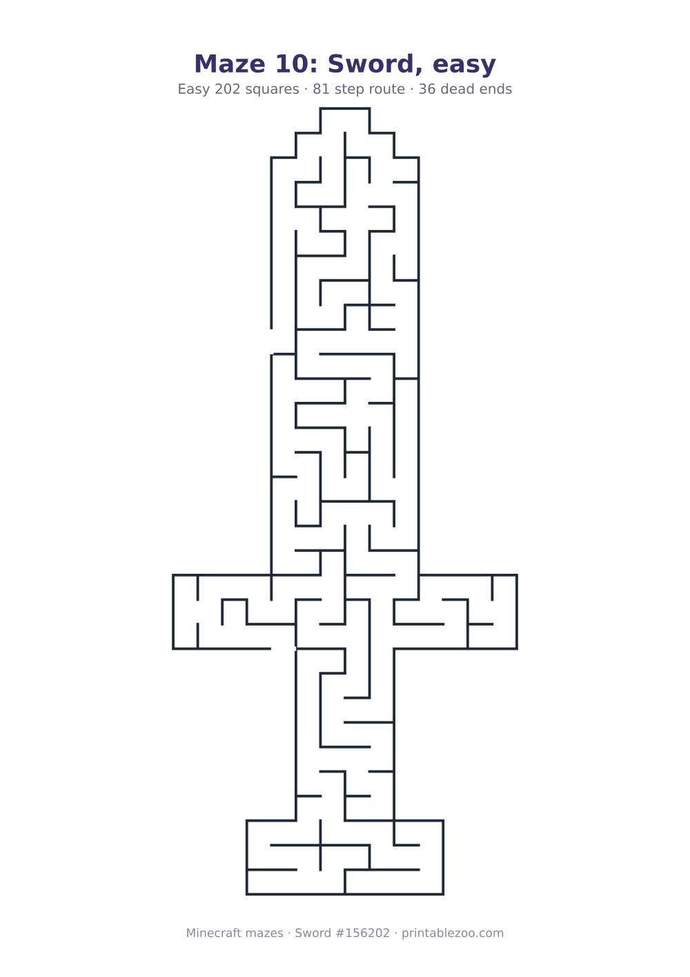 Printable sword shaped maze, 202 squares and 36 dead ends, puzzle 156202