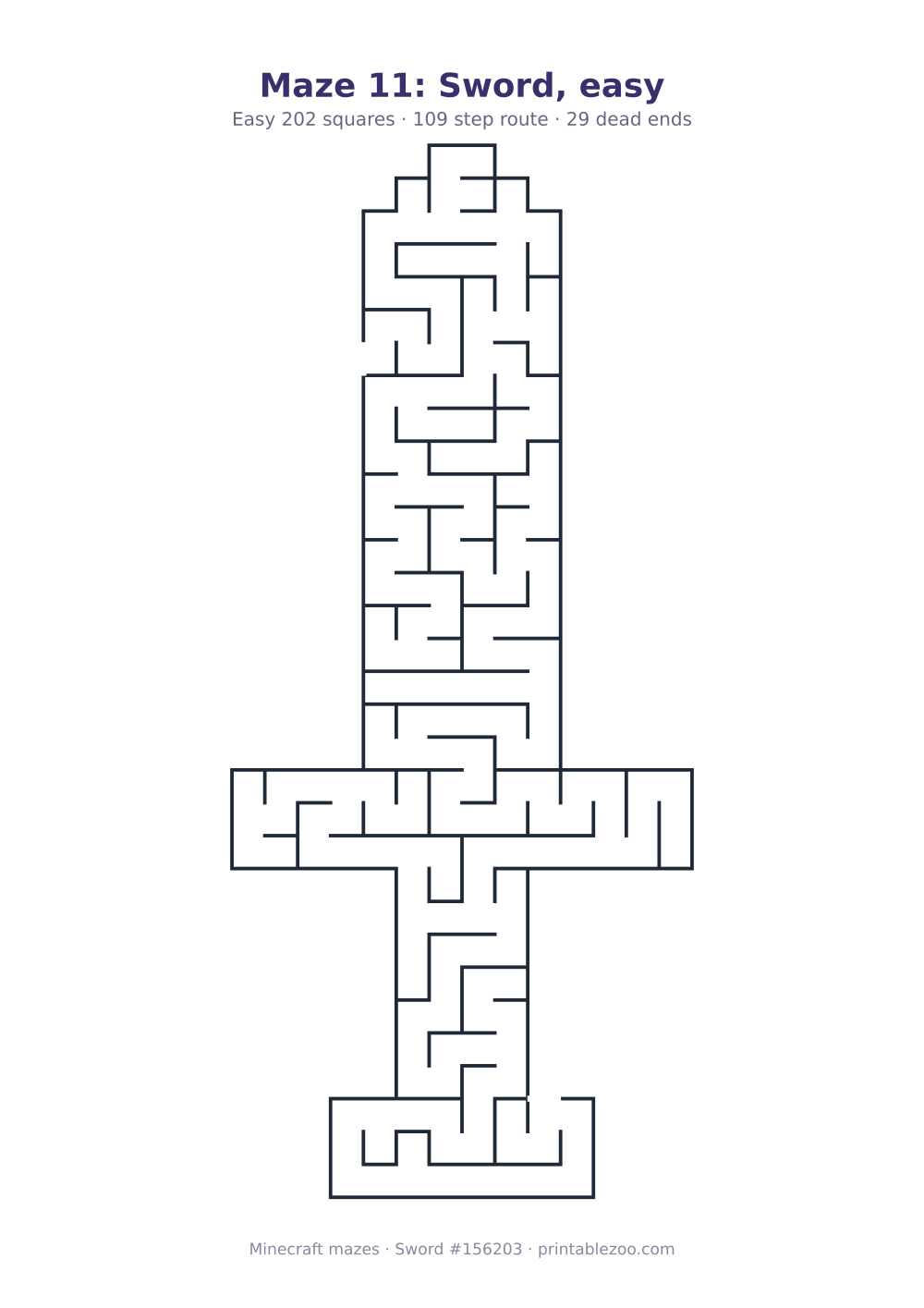 Printable sword shaped maze, 202 squares and 29 dead ends, puzzle 156203