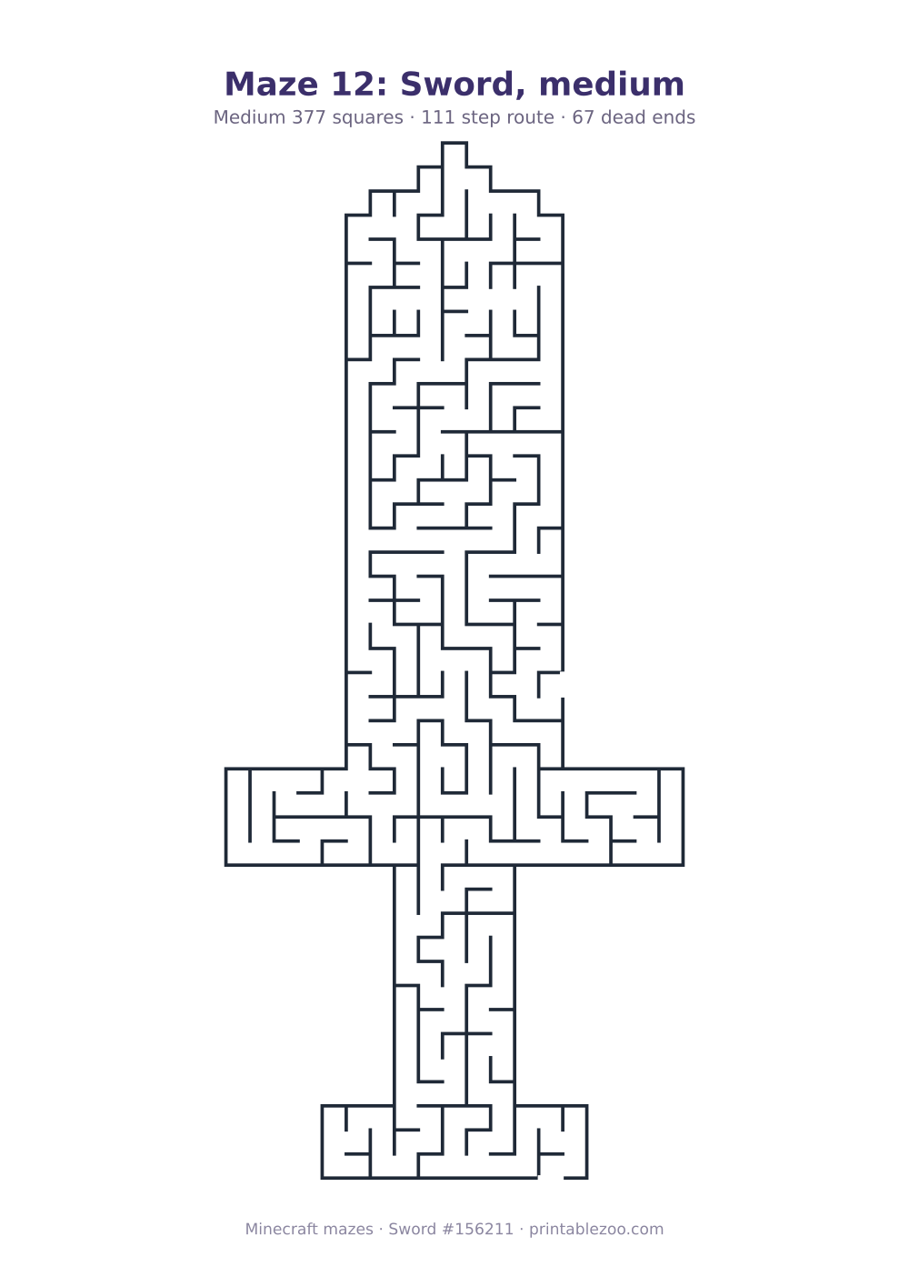 Printable sword shaped maze, 377 squares and 67 dead ends, puzzle 156211