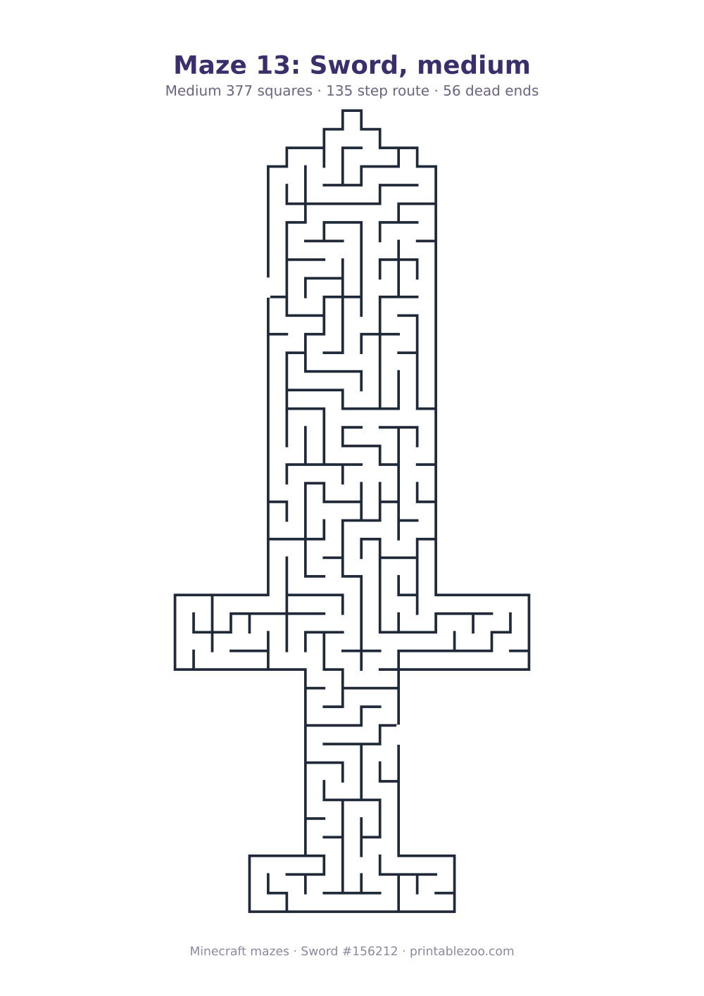 Printable sword shaped maze, 377 squares and 56 dead ends, puzzle 156212