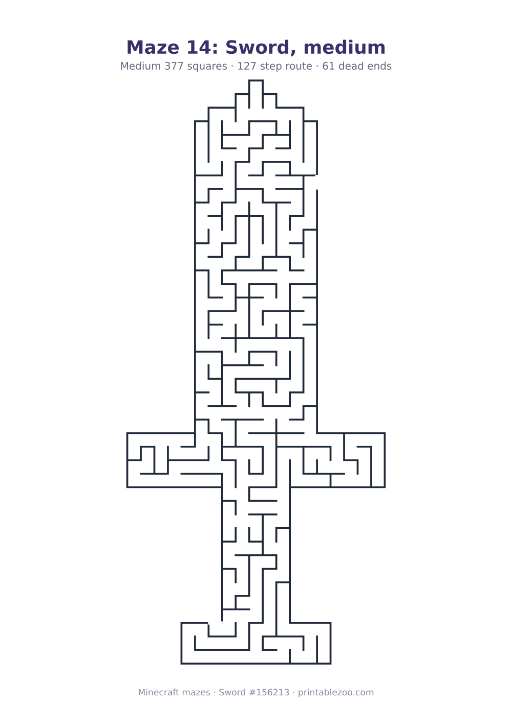 Printable sword shaped maze, 377 squares and 61 dead ends, puzzle 156213
