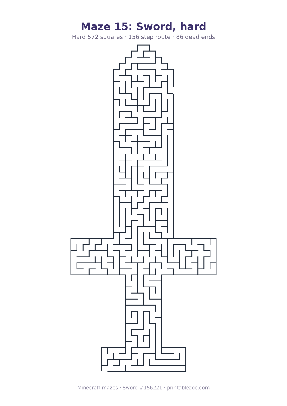 Printable sword shaped maze, 572 squares and 86 dead ends, puzzle 156221