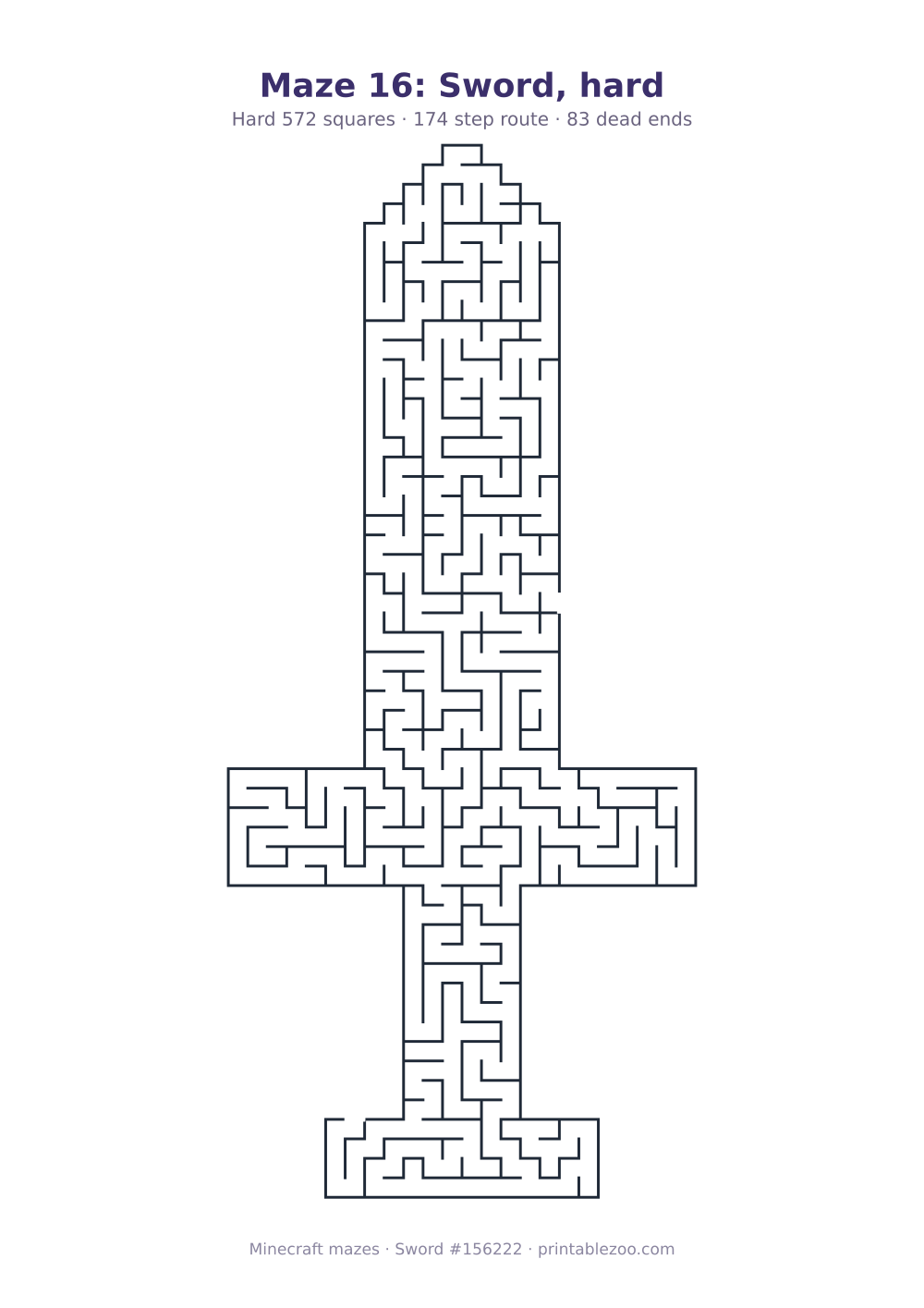 Printable sword shaped maze, 572 squares and 83 dead ends, puzzle 156222