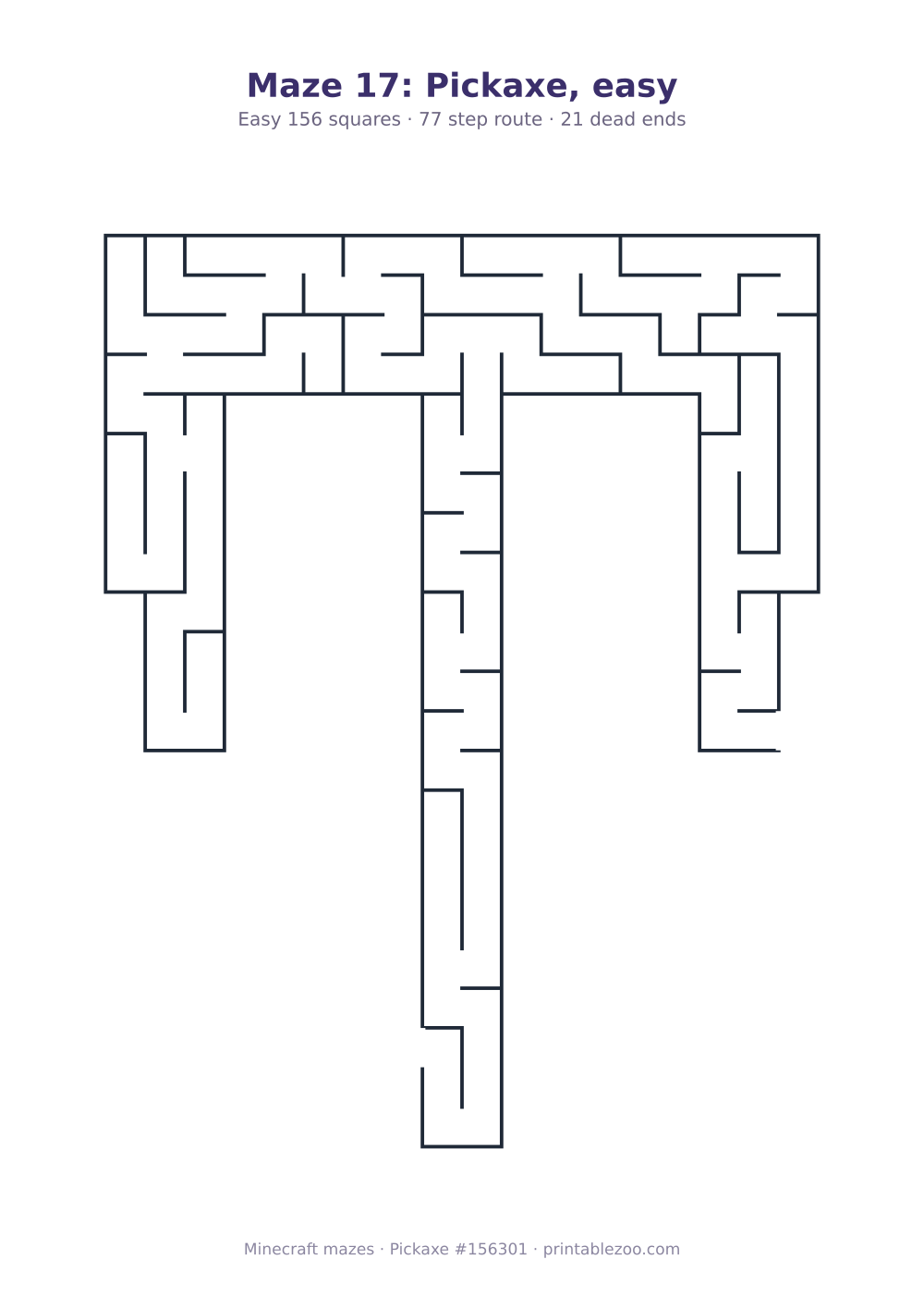 Printable pickaxe shaped maze, 156 squares and 21 dead ends, puzzle 156301