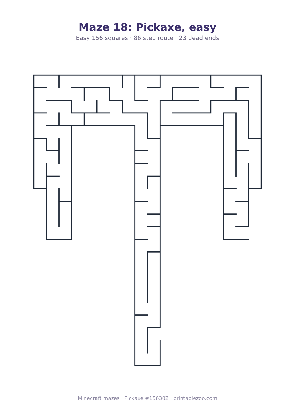 Printable pickaxe shaped maze, 156 squares and 23 dead ends, puzzle 156302